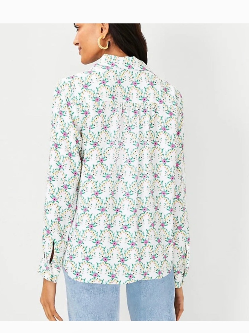 Ann Taylor Floral Camp Shirt Blouse Green Pink Yellow White Size Small Petite - Picture 3 of 10